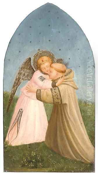 A Franciscan monk embracing an angel Oil Painting by Fra Angelico (Guido di Pietro)