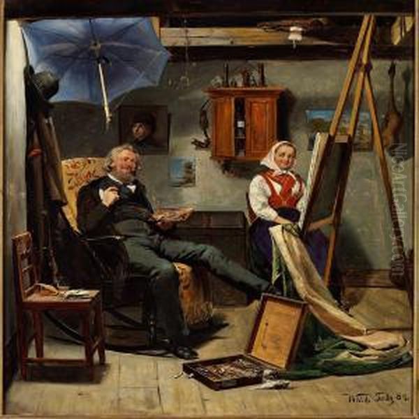 Interior With The Painter And His Model Oil Painting by Waldemar Knut Gustaf Tode