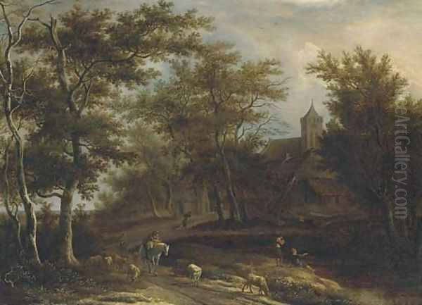 A wooded river landscape with a peasant on horseback, a shepherd with his flock and other peasants fishing outside a village Oil Painting by Pieter Jansz. van Asch