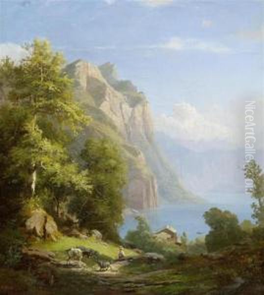 Rocky Landscape With A Lake And A Herd Oil Painting by Carl Johann Fr. Toeche