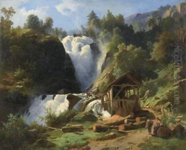 Ein Wasserfall Mit Muhle. 1858. Oil Painting by Carl Johann Fr. Toeche