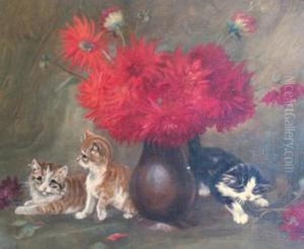 Kittens At Play Oil Painting by Albert Toefaerts