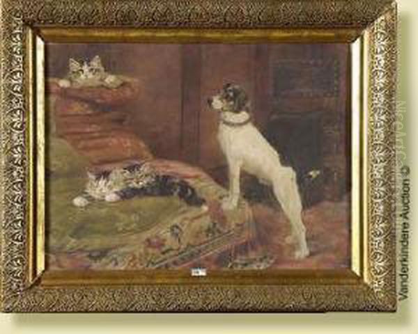 Chien Surveillant Les Jeunes Chatons Oil Painting by Albert Toefaerts