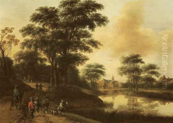 A hunting party near a lake, a village in the distance Oil Painting by Pieter Jansz. van Asch