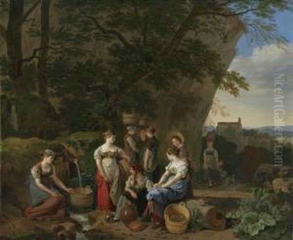 Jeunes Femmes Aupres D'une Fontaine Oil Painting by Wolfgang-Adam Toepffer