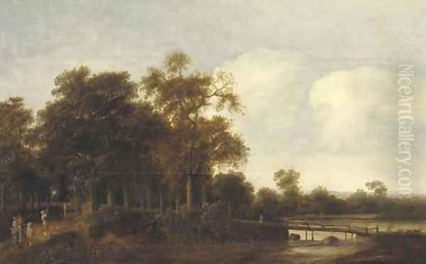 A wooded river landscape with hunters on a path Oil Painting by Pieter Jansz. van Asch