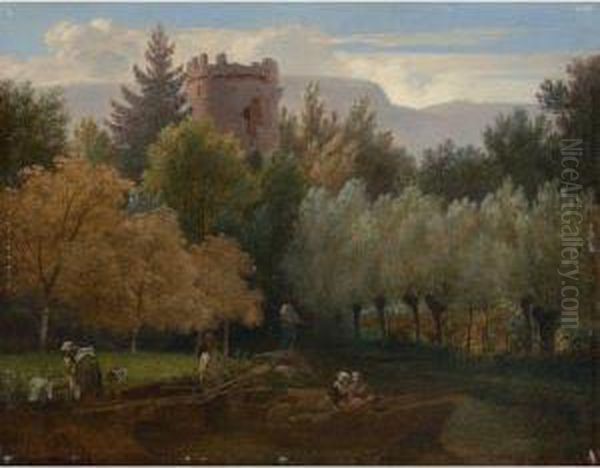 Paysage Boise Avec Cours D'eau, Tour Et Personnages Oil Painting by Wolfgang-Adam Toepffer