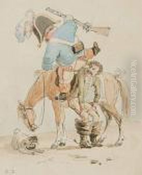 Homme Au Chapeau, Soldat Se Hissant Sur Son Cheval Oil Painting by Rodolphe Toepffer