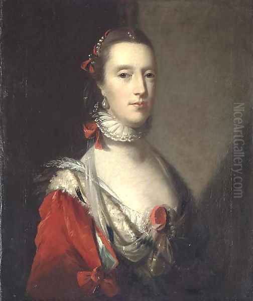 Portrait of a lady, bust-length, in an elaborate red dress with ermine trim, with a white lace ruff, and pearls in her hair Oil Painting by John Astley