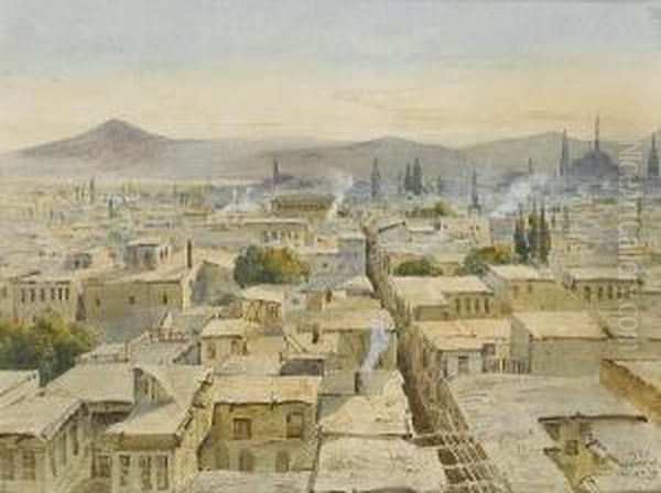 View Of Damascus From The Minaret At The Eastern Gate Oil Painting by Peter Petersen Toft