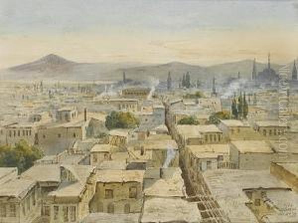 View Of Damascus From The Minaret At Theeastern Gate (bab Al-sharqi), Mount Hermon In The Distance Oil Painting by Peter Petersen Toft