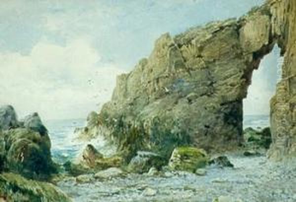 Seascape With A Large Rock Archway Oil Painting by Peter Petersen Toft