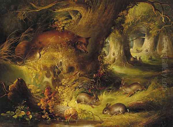 A fox with rabbits in a wood Oil Painting by George Armfield