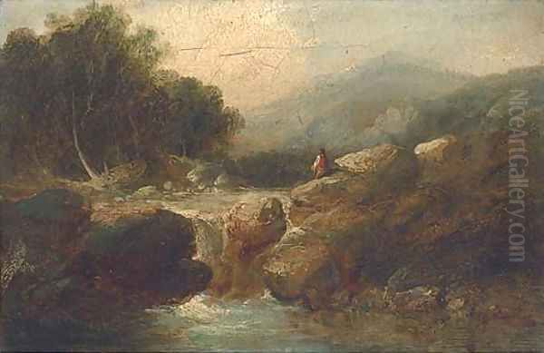 An angler in a river landscape Oil Painting by George Armfield