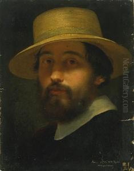 Portrait Of A Man In A Straw Hat Oil Painting by Domenico Tojetti