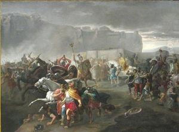 A Battle Scene With Classical Figures Oil Painting by Domenico Tojetti