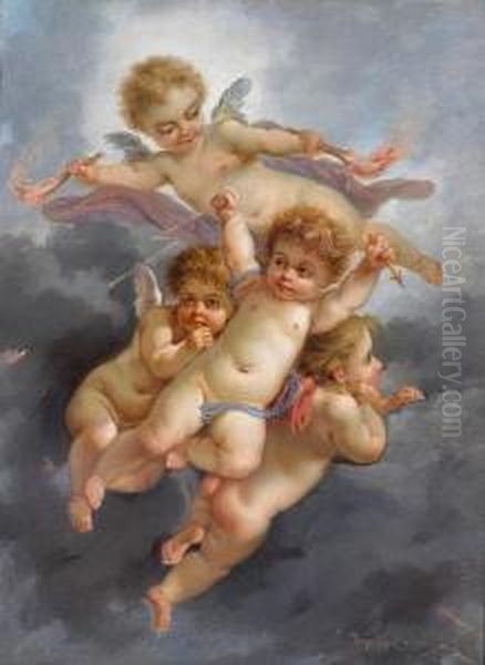 Putti In The Clouds Oil Painting by Eduardo Tojetti