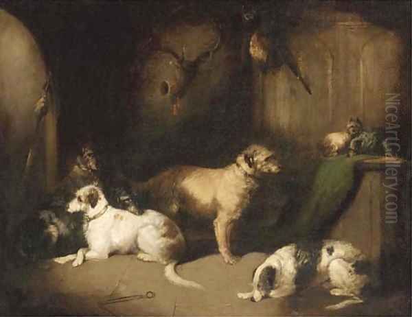 Hounds and terriers in a baronial hall Oil Painting by George Armfield