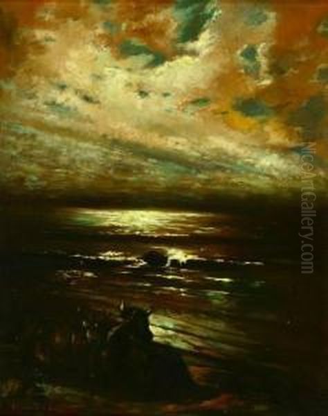 Bulls By The Sea Oil Painting by Eduardo Tojetti