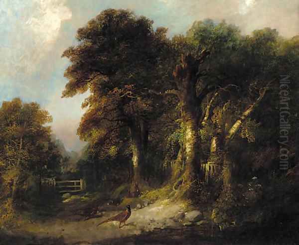 Pheasants and rabbits on a wooded track Oil Painting by George Armfield