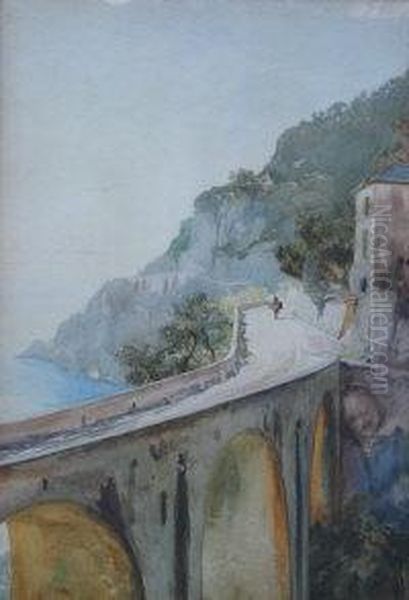 Figure On Donkey On A Viaduct By Rocky Coast With Buildings In Background Oil Painting by Pownoll Toker Williams