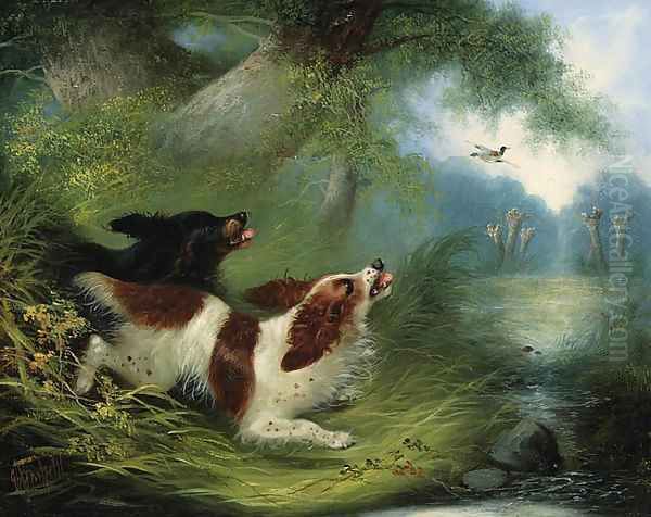 Spaniels putting up a Duck Oil Painting by George Armfield