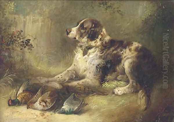 A spaniel with dead game Oil Painting by George Armfield