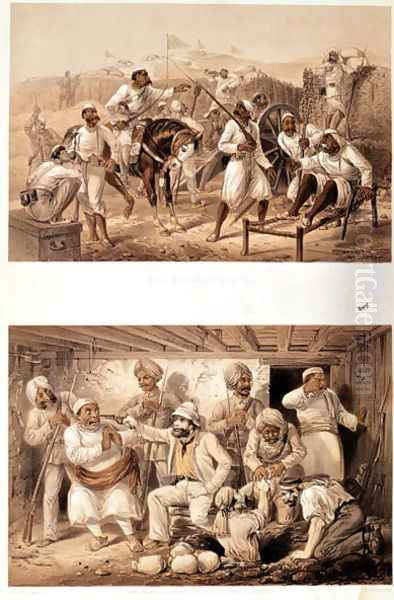 Two scenes of the Indian Mutiny in 1857 depicting mutinous sepoys and an English agent extracting treasure after the occupation of Delhi Oil Painting by George Franklin Atkinson