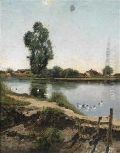 Riverlandscape With Ducks Oil Painting by Artur Tolgyessy