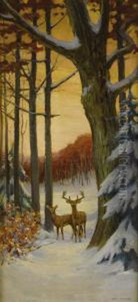 Deer In Awinter Forest Oil Painting by Stacy Tolman