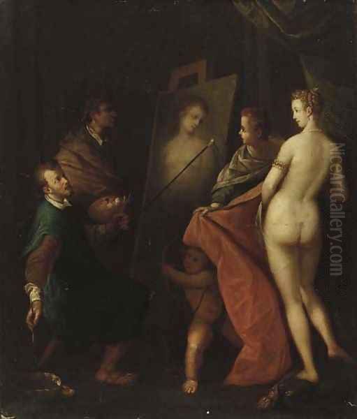 An Allegory of the Arts the interior of an artist's studio with a model posing Oil Painting by Hans Von Aachen