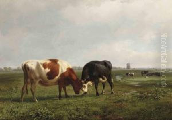 Two Cows Locking Horns Oil Painting by Jan Bedijs Tom