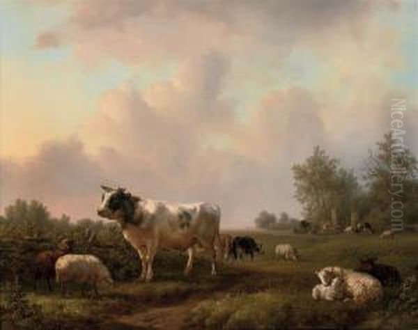 Cattle Grazing In The Pasture Oil Painting by Jan Bedijs Tom