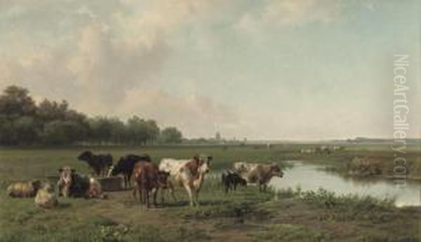 Watering Cattle In A Panoramic Summer Landscape Oil Painting by Jan Bedijs Tom