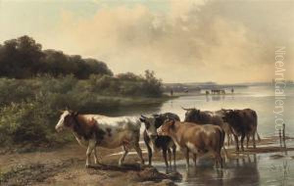 Cows On The Embankment Oil Painting by Jan Bedijs Tom