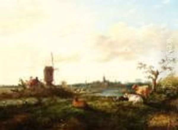 Landschap Met Molen En Rustendekoeien Oil Painting by Jan Bedijs Tom