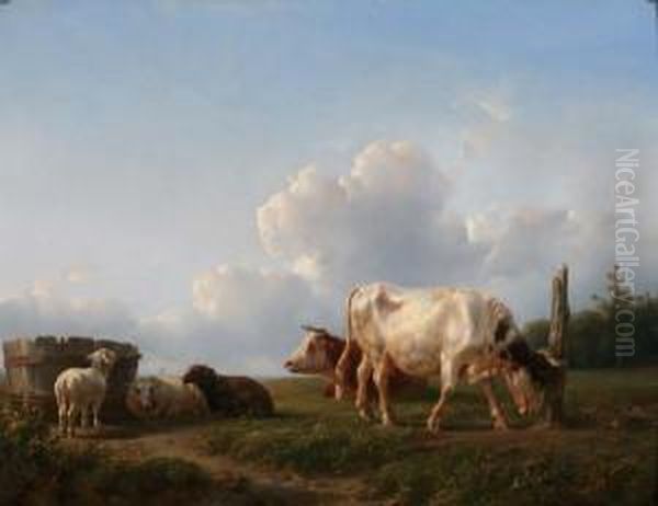 Koeien En Schapen In Een Weide Oil Painting by Jan Bedijs Tom