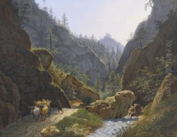 Gebirgsschlucht Mit Bauersmann Und Ochsengespann Oil Painting by Matthias Rudolf Toma