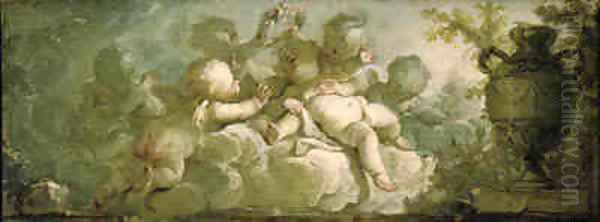 An overdoor Putti desporting on clouds by a vase on pedestal Oil Painting by Dirk Van Der Aa