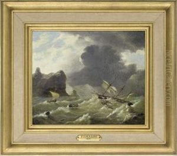 Schooner Floundering Off The Headland Oil Painting by Luis Ascensio Tomasini