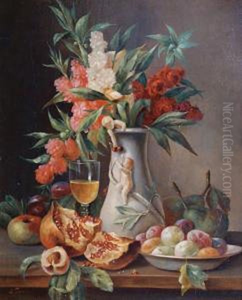 A Still Life With Flowers And Pomegranate Oil Painting by G. Tomassi