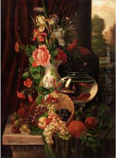 Still Life Of Fruit, Flowers And Gold Fish; Still Life Of Fruit And Flowers Oil Painting by G. Tomassi