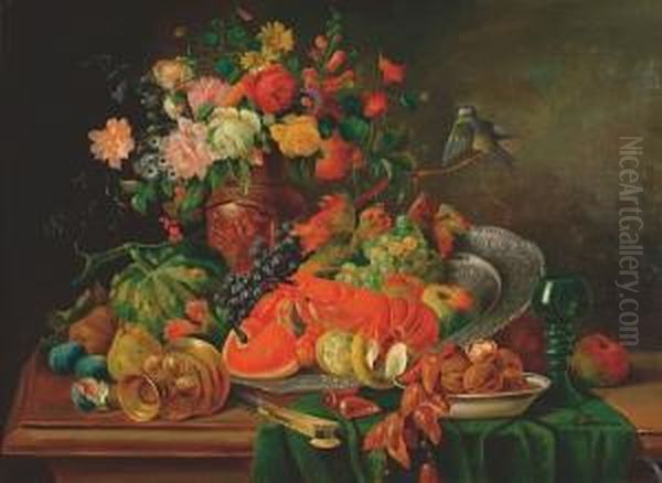 Still Life Of Mixed Flowers, Fruit, Nuts, A Lobster, And Other Objects, On A Table Oil Painting by G. Tomassi