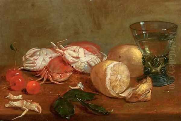 A 'roemer' of white wine, crabs, cherries and lemons on a wooden ledge Oil Painting by Alexander Adriaenssen