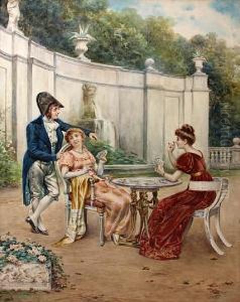 A Game Of Cards In The Garden Oil Painting by Casimiro Tomba Aldini