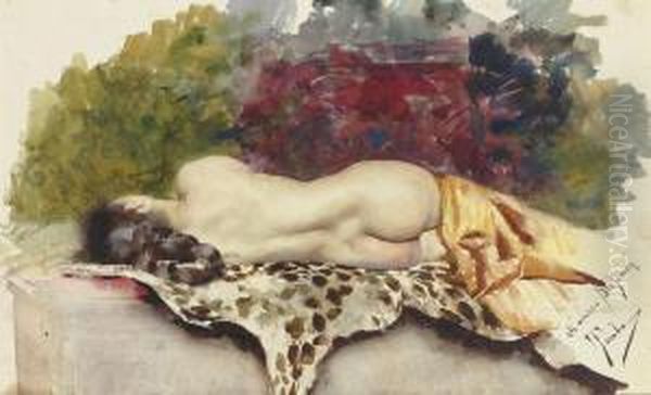 A Reclining Female Nude Seen From Behind Lying On A Leopardskin by Casimiro Tomba Aldini