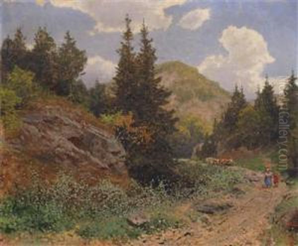 Landscape With Decorative Figures Oil Painting by Heinrich Tomec