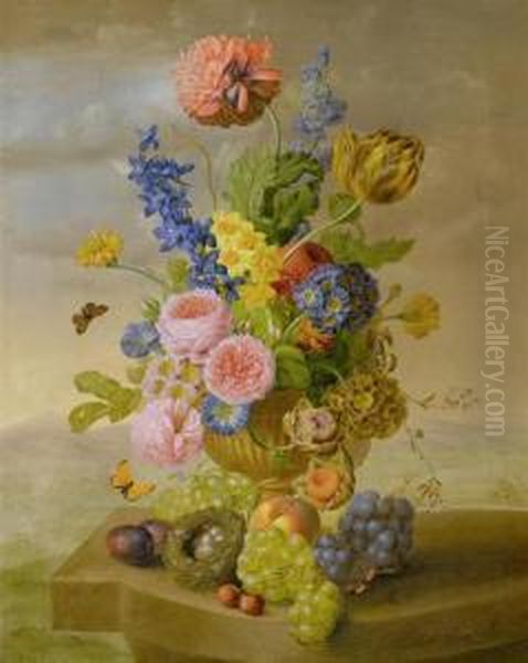 Still Life Of Flowers With Bird's Nest And Grapes. Oil Painting by Mathias Tomfort