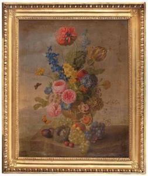 Blumen In Vase Mitvogelnest Und Obst Oil Painting by Mathias Tomfort