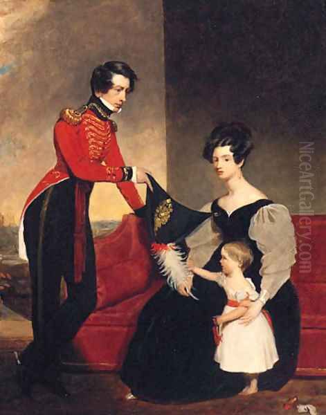 Group Portrait Of An Officer With His Wife And Daughte Oil Painting by Charles E. Ambrose